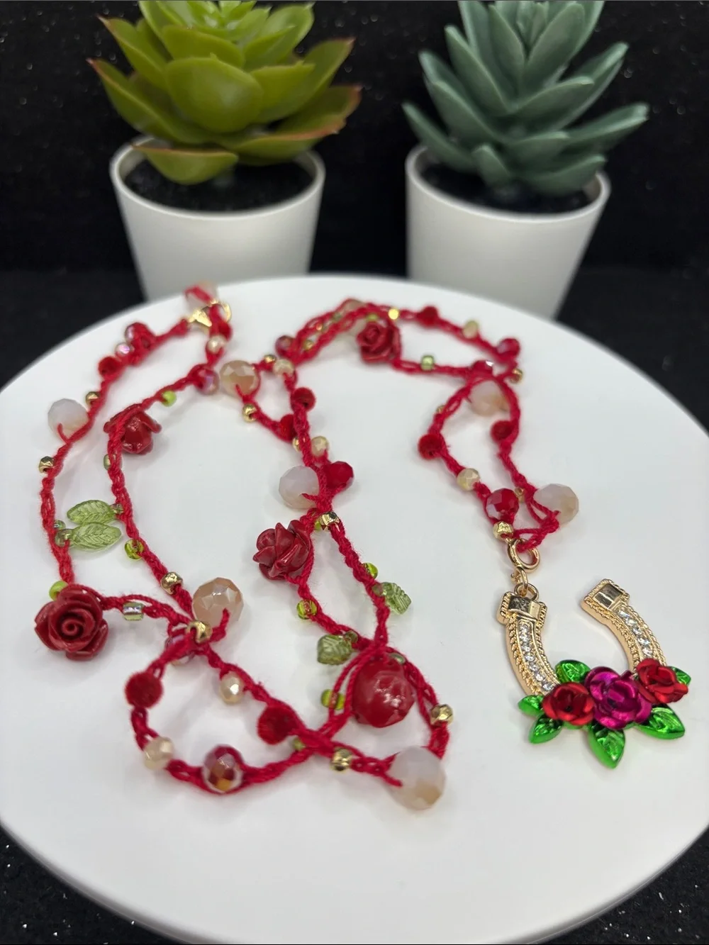 Handcrafted Red Rose Horseshoe Pendant Necklace